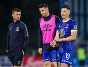 9 June 2023; Ronan Coughlan of Waterford, right, with coach Gary Hunt, left, and Eddie Nolan after their side's victory in the SSE Airtricity Men's First Division match between Waterford and Bray Wanderers at RSC in Waterford. Photo by Michael P Ryan/Sportsfile