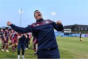 9 June 2023; Drogheda United manager Kevin Doherty celebrates after his side's victory in the SSE Airtricity Men's Premier Division match between Drogheda United and St Patrick's Athletic at Weaver's Park in Drogheda, Louth. Photo by Tyler Miller/Sportsfile