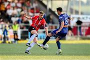 9 June 2023; Ronan Boyce of Derry City in action against Jordan Flores of Bohemians during the SSE Airtricity Men's Premier Division match between Derry City and Bohemians at The Ryan McBride Brandywell Stadium in Derry. Photo by Seb Daly/Sportsfile