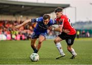 9 June 2023; Dylan Connolly of Bohemians in action against Adam O'Reilly of Derry City during the SSE Airtricity Men's Premier Division match between Derry City and Bohemians at The Ryan McBride Brandywell Stadium in Derry. Photo by Seb Daly/Sportsfile