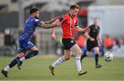 9 June 2023; Cameron McJannet of Derry City in action against Declan McDaid of Bohemians during the SSE Airtricity Men's Premier Division match between Derry City and Bohemians at The Ryan McBride Brandywell Stadium in Derry. Photo by Seb Daly/Sportsfile