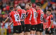 9 June 2023; Cameron McJannet of Derry City, third from left, and teammates as they form a wall during the SSE Airtricity Men's Premier Division match between Derry City and Bohemians at The Ryan McBride Brandywell Stadium in Derry. Photo by Seb Daly/Sportsfile