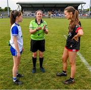 10 June 2023; Monaghan captain Macy Treanor, referee Sinéad McHugh and Down captain Annie McEvoy before the 2023 All-Ireland U14 Silver Final between Down and Monaghan at Clan na Gael GAA Club in Dundalk, Louth. Photo by Stephen Marken/Sportsfile