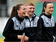 10 June 2023; Shamrock Rovers players, from left, Abbie Larkin, Jaime Thompson and Áine O'Gorman before the SSE Airtricity Women's Premier Division match between Shamrock Rovers and Peamount United at Tallaght Stadium in Dublin. Photo by Seb Daly/Sportsfile