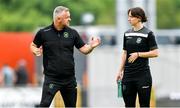 10 June 2023; Peamount United manager James O'Callaghan and Karen Duggan before the SSE Airtricity Women's Premier Division match between Shamrock Rovers and Peamount United at Tallaght Stadium in Dublin. Photo by Seb Daly/Sportsfile
