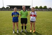 10 June 2023; Tipperary captain Neasa Dwan, referee Philip Conway, and Derry captain Aine Young before the 2023 All-Ireland U14 Gold Final between Derry and Tipperary at Clan na Gael GAA Club in Dundalk, Louth. Photo by Stephen Marken/Sportsfile