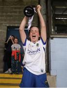 10 June 2023; Wicklow captain Danielle Shannon lifts the trophy after the 2023 All-Ireland U14 Bronze Final match between Clare and Wicklow at McDonagh Park in Nenagh, Tipperary. Photo by Michael P Ryan/Sportsfile