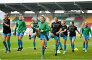 10 June 2023; Avril Brierley of Peamount United, centre, warms-up alongside teammates before the SSE Airtricity Women's Premier Division match between Shamrock Rovers and Peamount United at Tallaght Stadium in Dublin. Photo by Seb Daly/Sportsfile