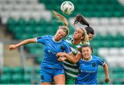10 June 2023; Savannah McCarthy of Shamrock Rovers, centre, in action against Peamount United players Chloe Moloney, left, and Sadhbh Doyle during the SSE Airtricity Women's Premier Division match between Shamrock Rovers and Peamount United at Tallaght Stadium in Dublin. Photo by Seb Daly/Sportsfile