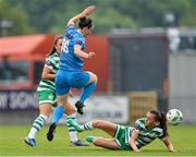10 June 2023; Abbie Larkin of Shamrock Rovers in action against Karen Duggan of Peamount United during the SSE Airtricity Women's Premier Division match between Shamrock Rovers and Peamount United at Tallaght Stadium in Dublin. Photo by Seb Daly/Sportsfile