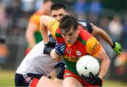 10 June 2023; Conor Crowley of Carlow in action against Robert Wharton of New York during the Tailteann Cup Preliminary Quarter Final match between Carlow and New York at Netwatch Cullen Park in Carlow. Photo by Matt Browne/Sportsfile