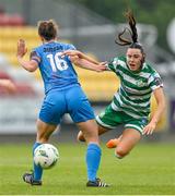 10 June 2023; Aoife Kelly of Shamrock Rovers in action against Karen Duggan of Peamount United during the SSE Airtricity Women's Premier Division match between Shamrock Rovers and Peamount United at Tallaght Stadium in Dublin. Photo by Seb Daly/Sportsfile