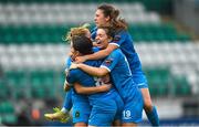10 June 2023; Sadhbh Doyle of Peamount United, centre, celebrates with teammates after scoring their side's first goal during the SSE Airtricity Women's Premier Division match between Shamrock Rovers and Peamount United at Tallaght Stadium in Dublin. Photo by Seb Daly/Sportsfile