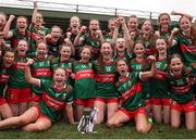 10 June 2023; Mayo players celebrate with the trophy after the 2023 All-Ireland U14 Platinum Final match between Cork and Mayo at McDonagh Park in Nenagh, Tipperary. Photo by Michael P Ryan/Sportsfile