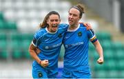 10 June 2023; Peamount United players Lauryn O’Callaghan, left, and Karen Duggan celebrate at the final whistle after their side's victory in the SSE Airtricity Women's Premier Division match between Shamrock Rovers and Peamount United at Tallaght Stadium in Dublin. Photo by Seb Daly/Sportsfile
