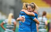 10 June 2023; Peamount United players Tara O’Hanlon, right, and Erin McLoughlin celebrate at the final whistle after their side's victory in the SSE Airtricity Women's Premier Division match between Shamrock Rovers and Peamount United at Tallaght Stadium in Dublin. Photo by Seb Daly/Sportsfile