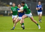 10 June 2023; Ryan Lyons of Fermanagh in action against Dylan Kavanagh of Laois during the Tailteann Cup Preliminary Quarter Final match between Fermanagh and Laois at Brewster Park in Enniskillen, Fermanagh. Photo by David Fitzgerald/Sportsfile