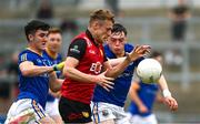 10 June 2023; Liam Kerr of Down in action against Bryan Masterson of Longford during the Tailteann Cup Preliminary Quarter Final match between Down and Longford at Pairc Esler in Newry, Down. Photo by Daire Brennan/Sportsfile