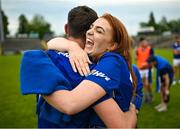 10 June 2023; Mark Barry of Laois is hugged by supporter Natalie O'Carroll after the Tailteann Cup Preliminary Quarter Final match between Fermanagh and Laois at Brewster Park in Enniskillen, Fermanagh. Photo by David Fitzgerald/Sportsfile