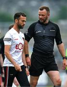 10 June 2023; Referee Anthony Nolan speaks to Down manager Conor Laverty at half time of the Tailteann Cup Preliminary Quarter Final match between Down and Longford at Pairc Esler in Newry, Down. Photo by Daire Brennan/Sportsfile