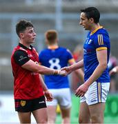 10 June 2023; Ceilum Doherty of Down shakes hands with Darren Gallagher of Longford after the Tailteann Cup Preliminary Quarter Final match between Down and Longford at Pairc Esler in Newry, Down. Photo by Daire Brennan/Sportsfile
