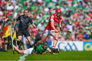 28 May 2023; Ciaran Joyce of Cork is tackled by Darragh O'Donovan of Limerick during the Munster GAA Hurling Senior Championship Round 5 match between Limerick and Cork at TUS Gaelic Grounds in Limerick. Photo by Ray McManus/Sportsfile