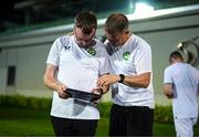 10 June 2023; Andrew Morrissey, STATSports analyst, and Damien Doyle, head of athletic performance, right, during a Republic of Ireland training match at Calista Sports Centre in Antalya, Turkey. Photo by Stephen McCarthy/Sportsfile