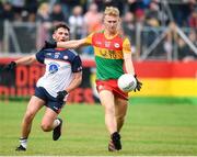 10 June 2023; Ross Dunphy of Carlow in action against Connell Ahearne of New York during the Tailteann Cup Preliminary Quarter Final match between Carlow and New York at Netwatch Cullen Park in Carlow. Photo by Matt Browne/Sportsfile