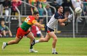 10 June 2023; Luke Kearney of New York in action against Colm Hulton of Carlow during the Tailteann Cup Preliminary Quarter Final match between Carlow and New York at Netwatch Cullen Park in Carlow. Photo by Matt Browne/Sportsfile