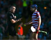 28 May 2023; Referee James Owens cautions Cork goalkeeper Patrick Collins during the Munster GAA Hurling Senior Championship Round 5 match between Limerick and Cork at TUS Gaelic Grounds in Limerick. Photo by Ray McManus/Sportsfile