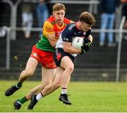 10 June 2023; Shane Bolger of New York in action against Finbarr Kavanagh of Carlow during the Tailteann Cup Preliminary Quarter Final match between Carlow and New York at Netwatch Cullen Park in Carlow. Photo by Matt Browne/Sportsfile