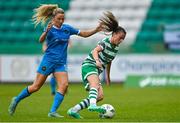10 June 2023; Abbie Larkin of Shamrock Rovers in action against Avril Brierley of Peamount United during the SSE Airtricity Women's Premier Division match between Shamrock Rovers and Peamount United at Tallaght Stadium in Dublin. Photo by Seb Daly/Sportsfile
