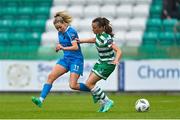 10 June 2023; Tara O’Hanlon of Peamount United in action against Abbie Larkin of Shamrock Rovers during the SSE Airtricity Women's Premier Division match between Shamrock Rovers and Peamount United at Tallaght Stadium in Dublin. Photo by Seb Daly/Sportsfile
