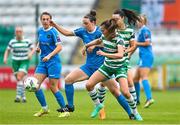 10 June 2023; Karen Duggan of Peamount United in action against Abbie Larkin of Shamrock Rovers during the SSE Airtricity Women's Premier Division match between Shamrock Rovers and Peamount United at Tallaght Stadium in Dublin. Photo by Seb Daly/Sportsfile