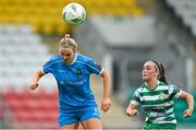 10 June 2023; Chloe Moloney of Peamount United in action against Alannah McEvoy of Shamrock Rovers during the SSE Airtricity Women's Premier Division match between Shamrock Rovers and Peamount United at Tallaght Stadium in Dublin. Photo by Seb Daly/Sportsfile