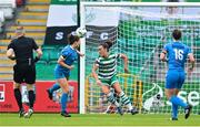 10 June 2023; Rebecca Watkins of Peamount United heads at goal during the SSE Airtricity Women's Premier Division match between Shamrock Rovers and Peamount United at Tallaght Stadium in Dublin. Photo by Seb Daly/Sportsfile