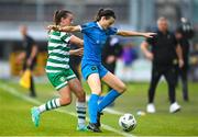 10 June 2023; Jetta Berrill of Peamount United in action against Abbie Larkin of Shamrock Rovers during the SSE Airtricity Women's Premier Division match between Shamrock Rovers and Peamount United at Tallaght Stadium in Dublin. Photo by Seb Daly/Sportsfile