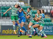 10 June 2023; Áine O'Gorman of Shamrock Rovers in action against Karen Duggan of Peamount United during the SSE Airtricity Women's Premier Division match between Shamrock Rovers and Peamount United at Tallaght Stadium in Dublin. Photo by Seb Daly/Sportsfile