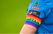 10 June 2023; A view of the captains armband, in the LGBT colours, during the SSE Airtricity Women's Premier Division match between Shamrock Rovers and Peamount United at Tallaght Stadium in Dublin. Photo by Seb Daly/Sportsfile