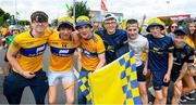 11 June 2023; Clare supporters, from left, James McMahon, from Inagh, Joe Concannon, from Ennistymon, Conor Lynch from Inagh, Cian Griffin from Inagh, Conor Burke, from Kilmurry Ibrickane, Daragh & Liam White, from Inagh before the Munster GAA Hurling Championship Final match between Clare and Limerick at TUS Gaelic Grounds in Limerick. Photo by John Sheridan/Sportsfile