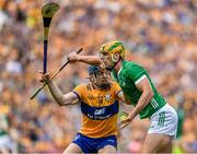 11 June 2023; Dan Morrissey of Limerick in action against Shane O'Donnell of Clare during the Munster GAA Hurling Championship Final match between Clare and Limerick at TUS Gaelic Grounds in Limerick. Photo by Daire Brennan/Sportsfile