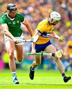 11 June 2023; Ryan Taylor of Clare in action against Gearoid Hegarty of Limerick during the Munster GAA Hurling Championship Final match between Clare and Limerick at TUS Gaelic Grounds in Limerick. Photo by Eóin Noonan/Sportsfile