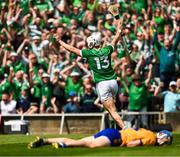 11 June 2023; Aaron Gillane of Limerick celebrates after scoring his side's first goal during the Munster GAA Hurling Championship Final match between Clare and Limerick at TUS Gaelic Grounds in Limerick. Photo by Daire Brennan/Sportsfile