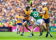 11 June 2023; Cathal Malone of Clare in action against David Reidy of Limerick during the Munster GAA Hurling Championship Final match between Clare and Limerick at TUS Gaelic Grounds in Limerick. Photo by Daire Brennan/Sportsfile