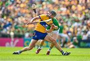 11 June 2023; Cathal Malone of Clare in action against Peter Casey of Limerick during the Munster GAA Hurling Championship Final match between Clare and Limerick at TUS Gaelic Grounds in Limerick. Photo by Eóin Noonan/Sportsfile