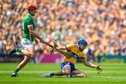 11 June 2023; Shane O'Donnell of Clare in action against Barry Nash of Limerick during the Munster GAA Hurling Championship Final match between Clare and Limerick at TUS Gaelic Grounds in Limerick. Photo by Daire Brennan/Sportsfile