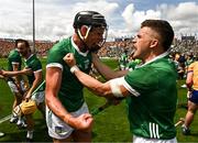 11 June 2023; Gearoid Hegarty of Limerick celebrates with teammate Michael Casey  after the Munster GAA Hurling Championship Final match between Clare and Limerick at TUS Gaelic Grounds in Limerick. Photo by Eóin Noonan/Sportsfile