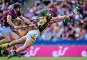 11 June 2023; Martin Keoghan of Kilkenny shoots to score his side's first goal, under pressure from Pádraic Mannion of Galway, during the Leinster GAA Hurling Senior Championship Final match between Kilkenny and Galway at Croke Park in Dublin. Photo by Piaras Ó Mídheach/Sportsfile