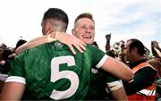 11 June 2023; William O'Donoghue of Limerick celebrates with teammate Diarmaid Byrnes after the Munster GAA Hurling Championship Final match between Clare and Limerick at TUS Gaelic Grounds in Limerick. Photo by Eóin Noonan/Sportsfile