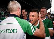 11 June 2023; Michael Casey of Limerick celebrates with Limerick manager John Kiely after the Munster GAA Hurling Championship Final match between Clare and Limerick at TUS Gaelic Grounds in Limerick. Photo by Eóin Noonan/Sportsfile